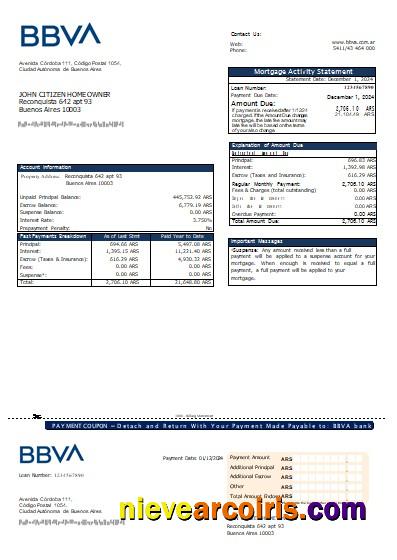 Argentina BBVA bank mortgage statement
